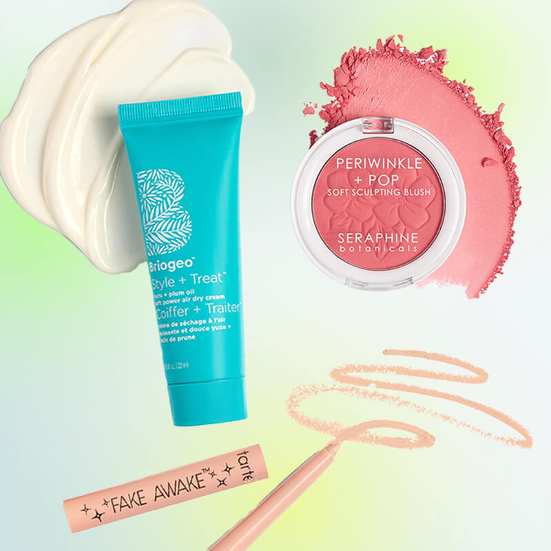 Makeup and skincare beauty products from the July 2024 IPSY Glam Bag on gradient background