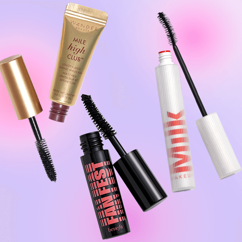 An image of three mascara products from brands Wander Beauty, Benefit, and Milk, set against a purple gradient background