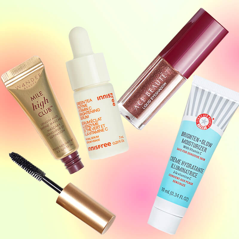 Makeup and skincare beauty products from the June 2024 IPSY Glam Bag on gradient background