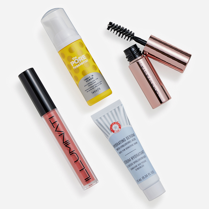 Makeup, skincare, and beauty products from the March 2023 IPSY Glam Bag on white background