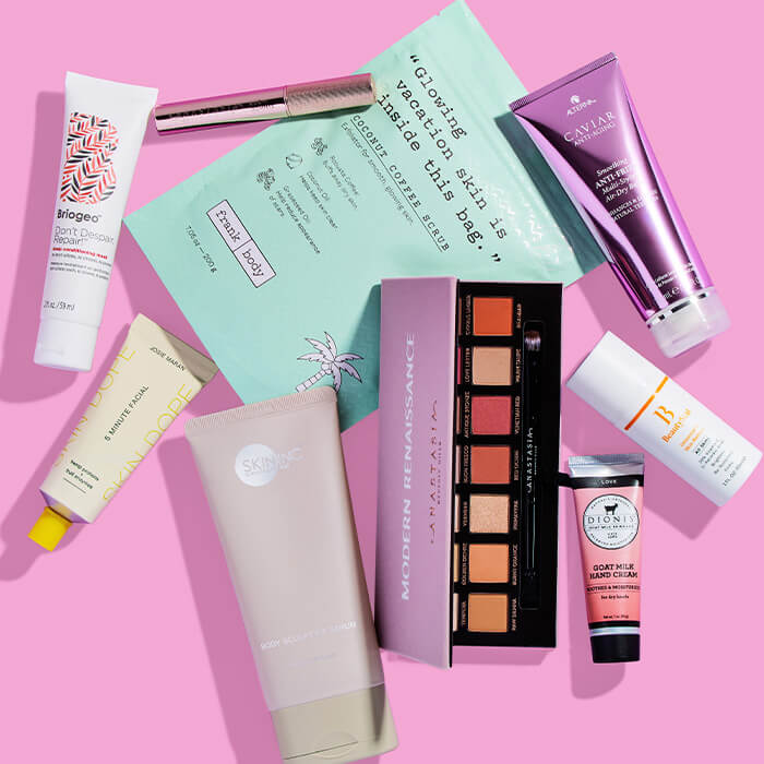 Skincare, hair care, and makeup products from various brands on pink background
