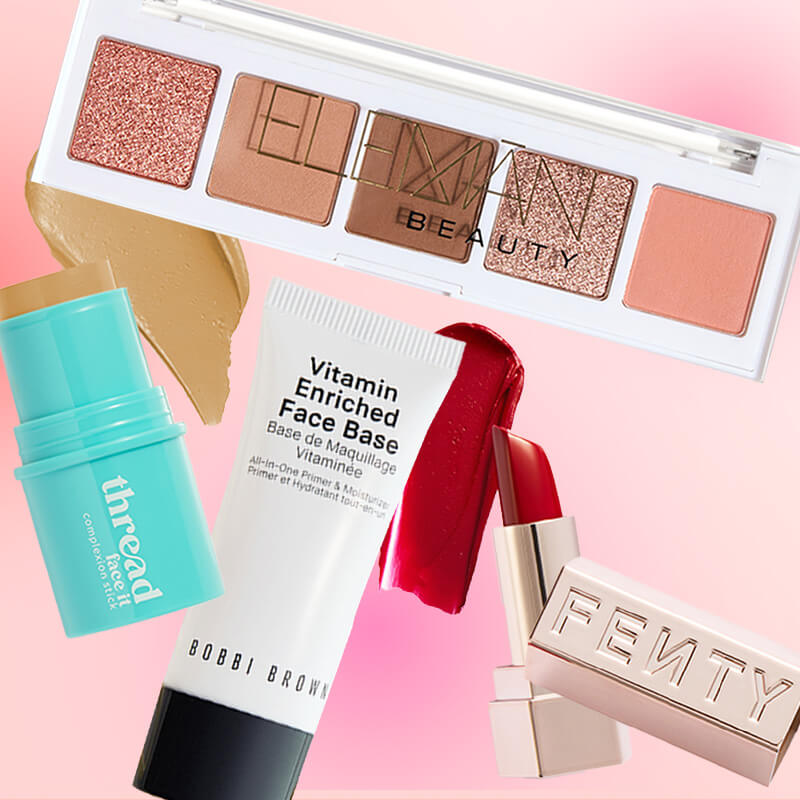 Makeup and skincare beauty products from the October 2024 IPSY Glam Bag on gradient background