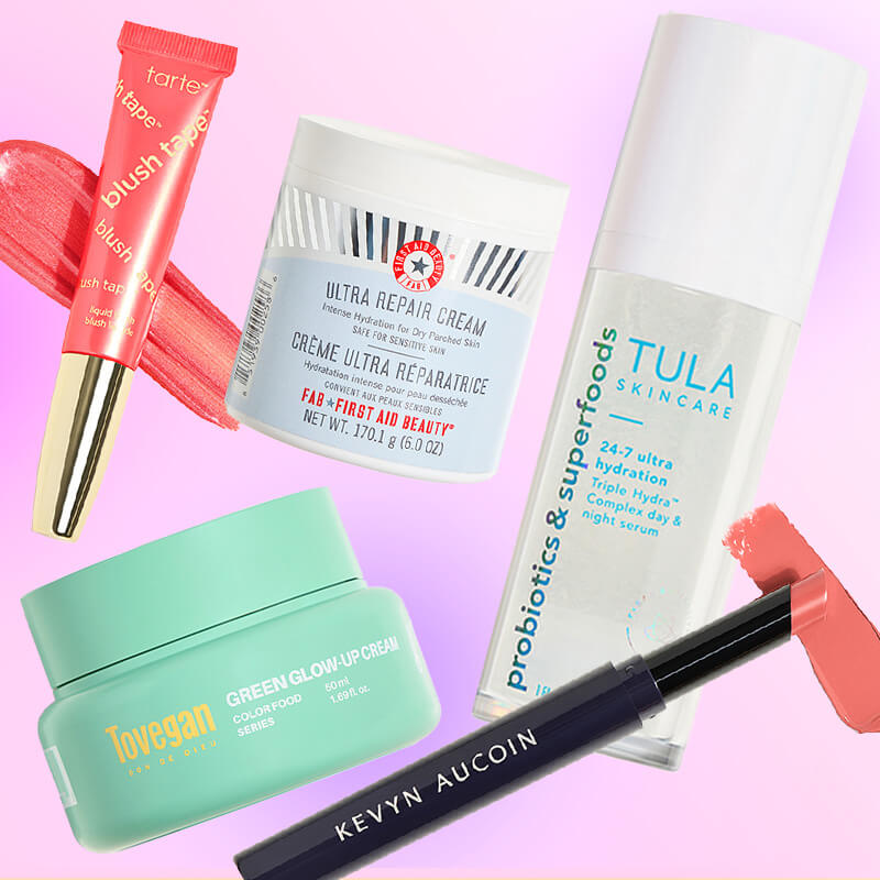 Skincare and makeup products from various brands on colorful background