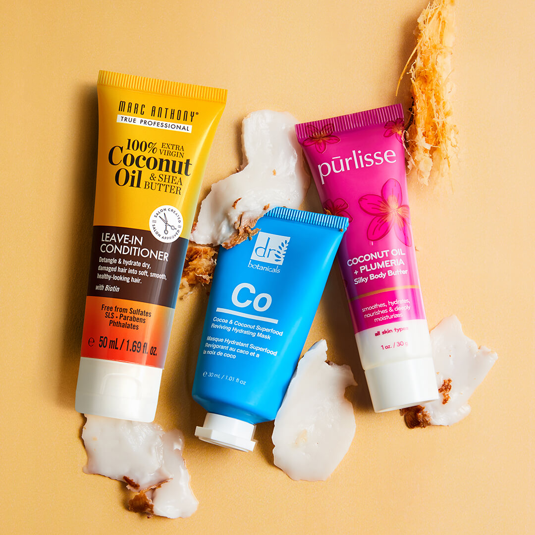 A flatlay image of skincare products with coconut oil