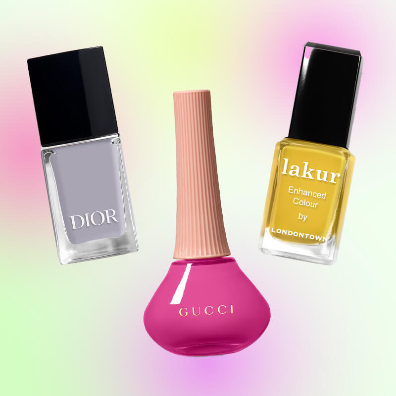 An image of four different nail polish shades from brands Gucci, Dior, lakur and Nail Care Effects all set against a pastel gradient background