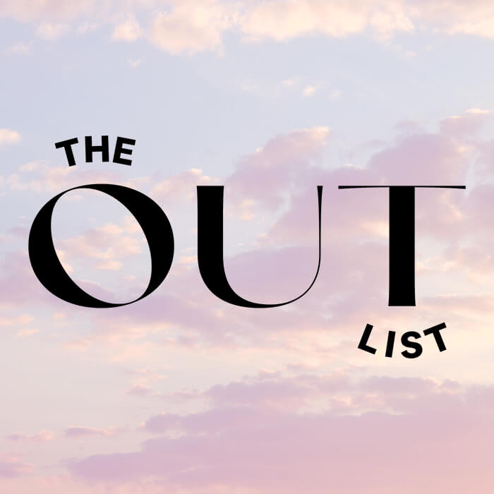 Black text "The Out List" on sunset sky background