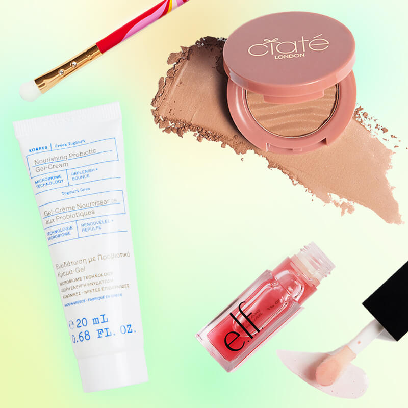 Makeup and skincare beauty products from the August 2024 IPSY Glam Bag on gradient background