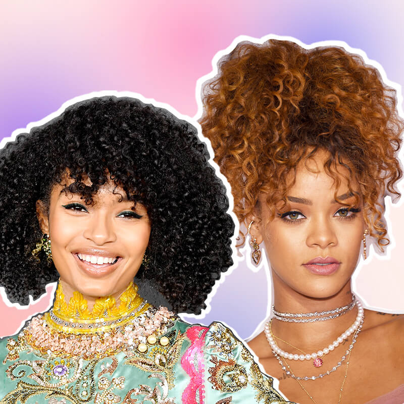 Graphic image of Yara Shahidi and Rihanna on pink and purple ombre background