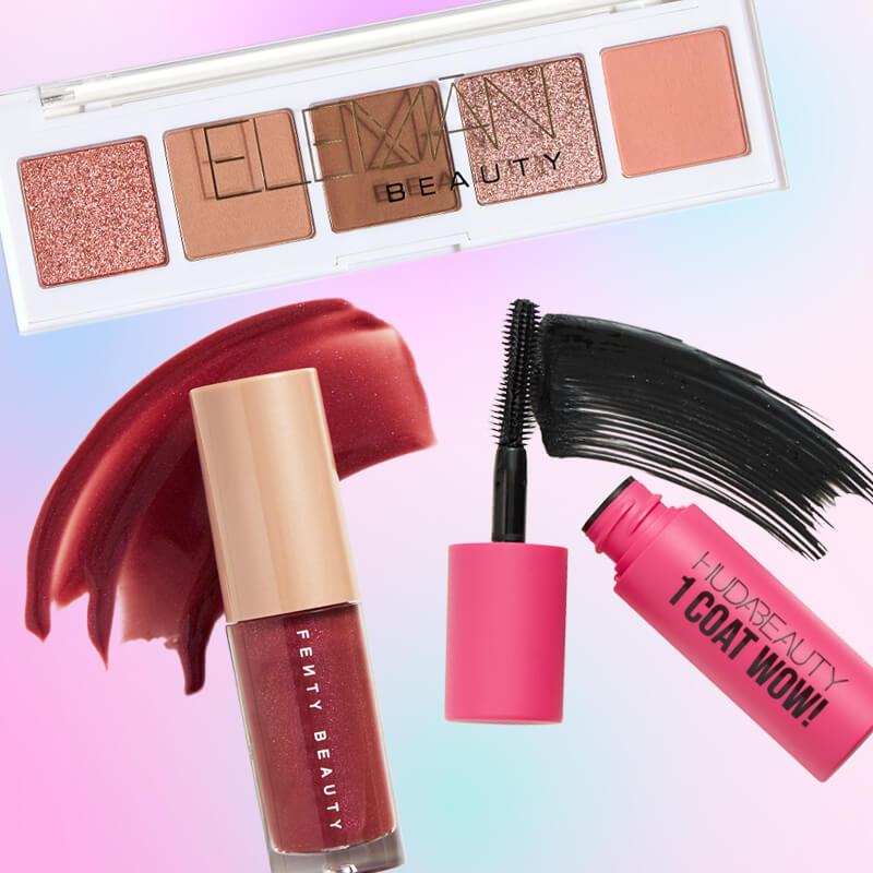 Makeup and skincare beauty products from the November 2024 IPSY Glam Bag on pink and blue gradient background