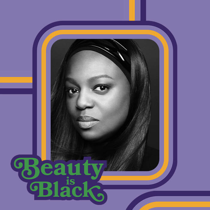 Black and white portrait of Pat McGrath inside yellow and purple graphic frame with green and blue text Beauty is Black