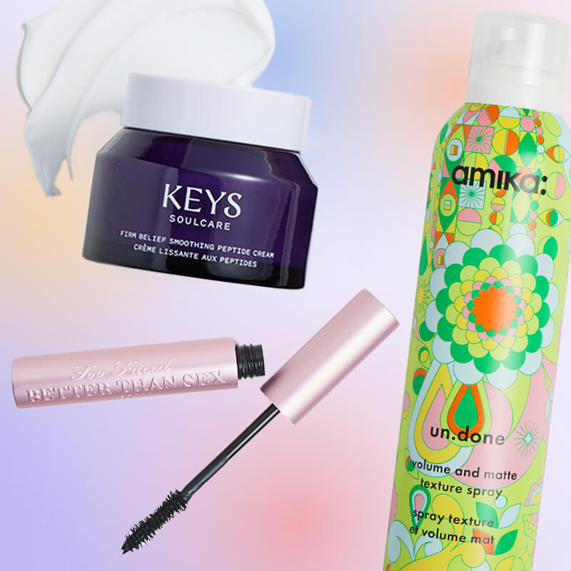 Skincare and makeup products from various brands on colorful background