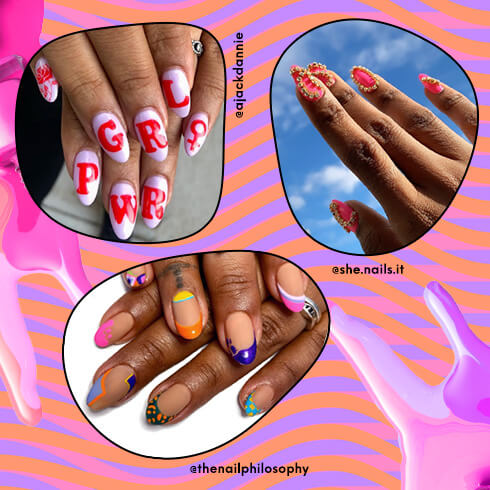 Black women's hands with colorful and graphic nail art inside colorful frame