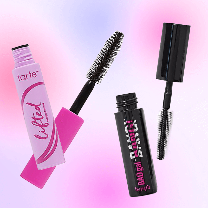 An image featuring open mascara tubes with varied brush types set against a gradient pink background