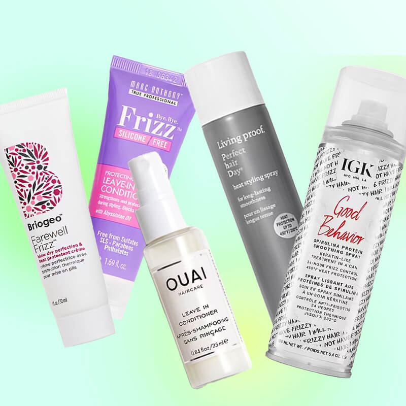 An image of several heat-resistant goods from the brands Briogeo, Marc Anthony, OUAI, Living Proof, and IGK against a green gradient backdrop