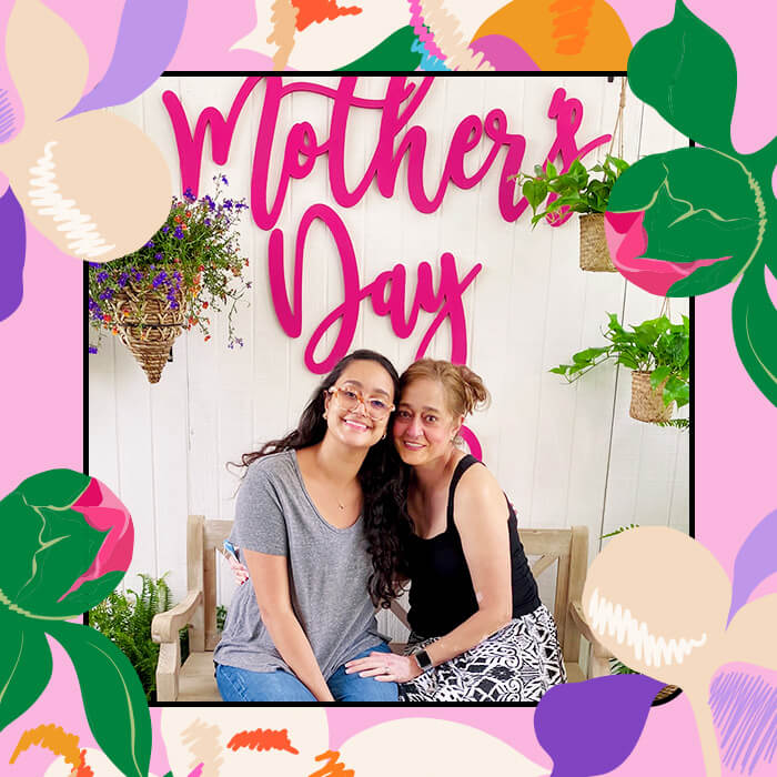 Image of Rita Labib and her mother inside colorful graphic floral frame