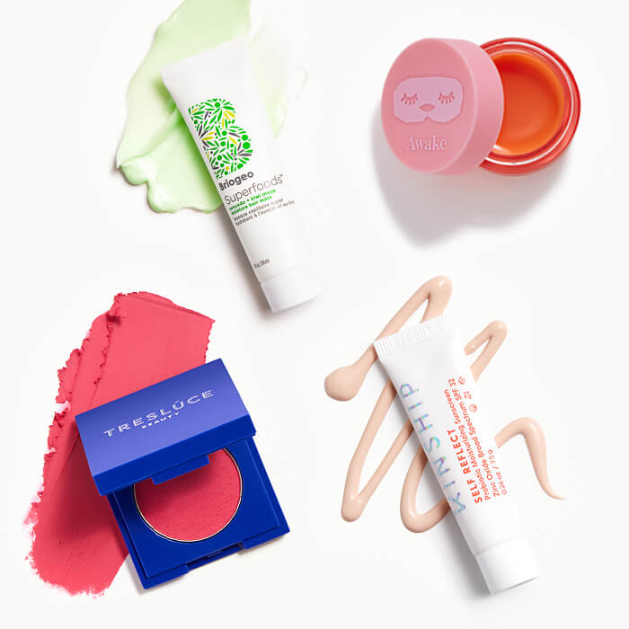 Makeup and skincare products from the May 2022 IPSY Glam Bag swatched on white background