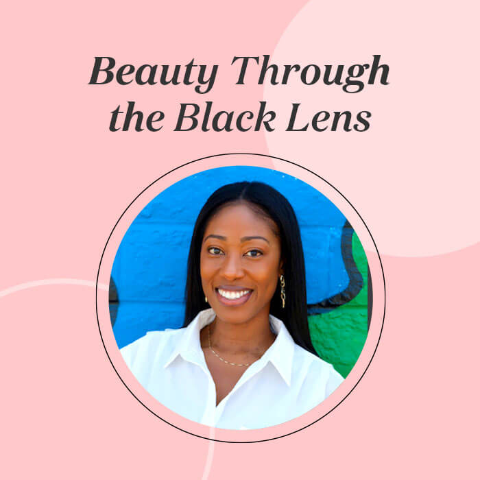 Portrait of Stephanie Anyakwo against blue and green graphic wall inside pink frame with black text Beauty Through the Black Lens