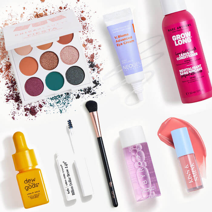 Makeup and skincare products from the April 2024 IPSY Glam Bag on white background